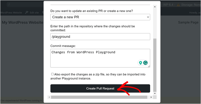 Creating a new pull request in GitHub for a WordPress Playground instance