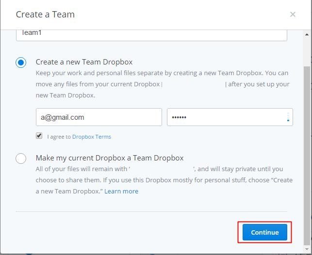 Creating a new team in Dropbox