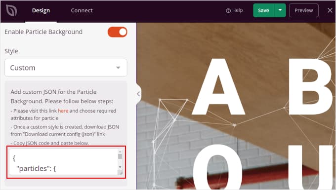 Inserting the JSON code  in the particle background settings of SeedProd