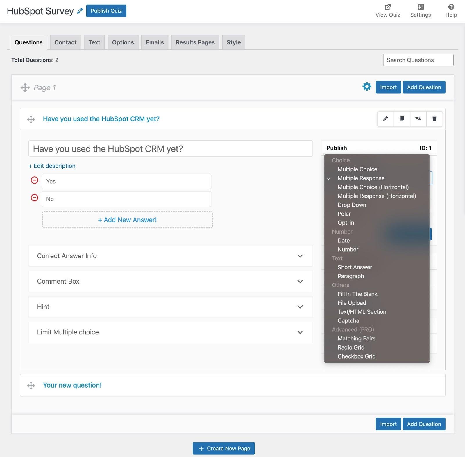 The Quiz and Survey Master interface