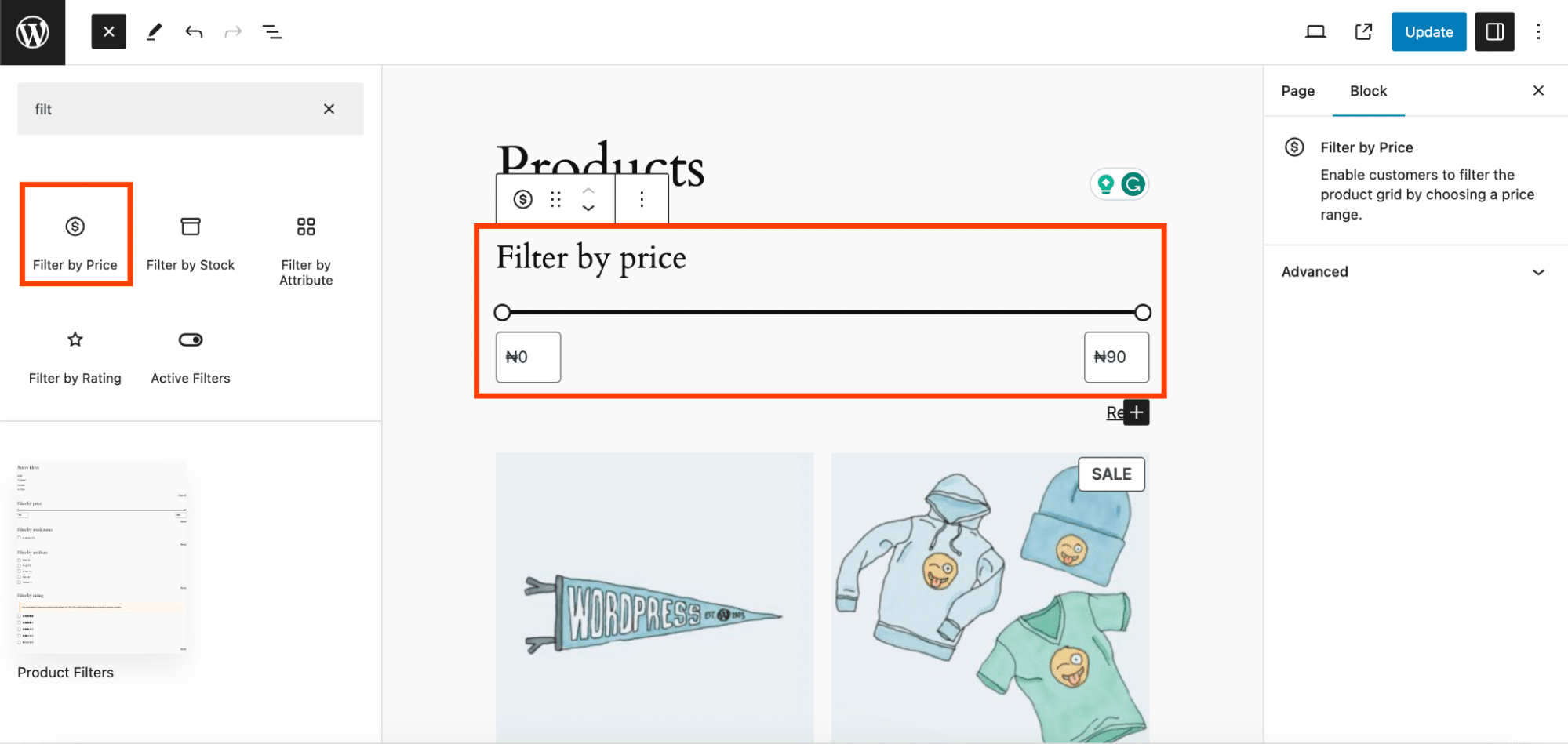 Adding a filter for price with the Filter by Price block