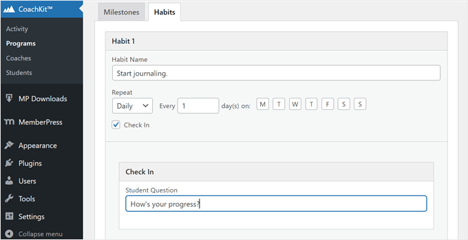 Configuring a coaching program habit in MemberPress