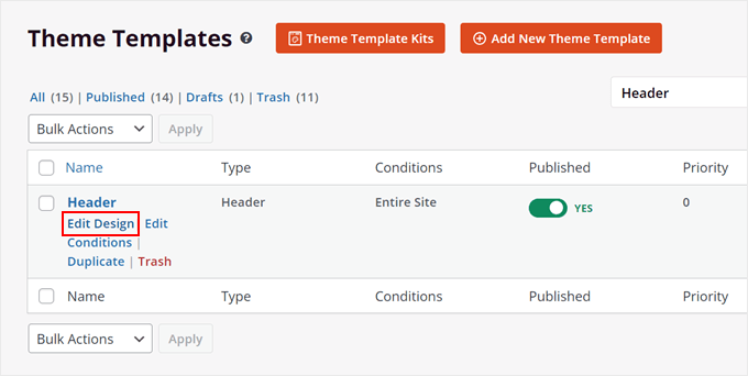 Editing the header theme template in SeedProd