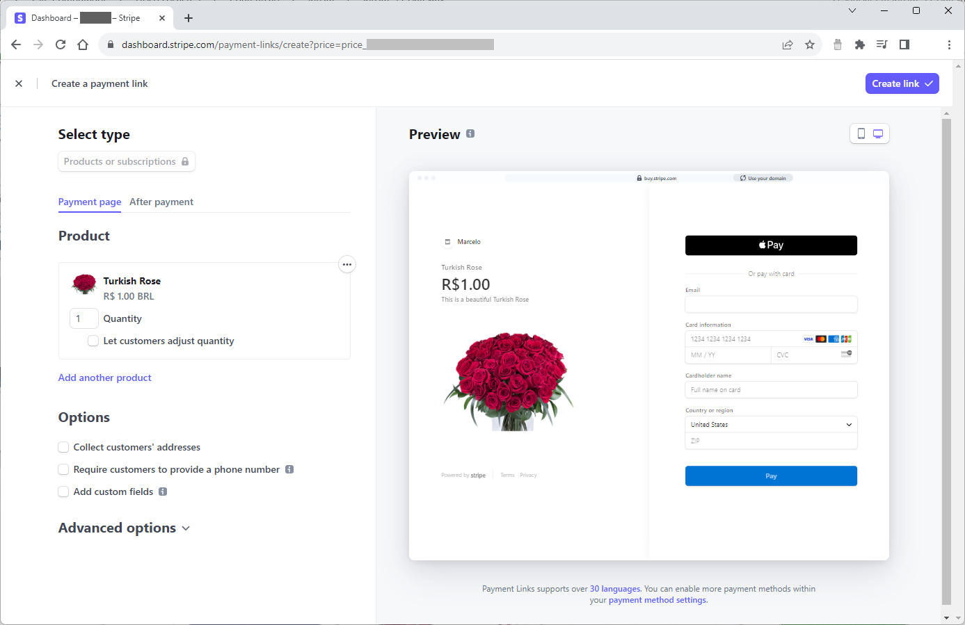 Options to create a payment link. Includes the product, a field for quantity and checkbox to let customers adjust the quantity, a link to add another product, options to collect customer addresses, phone numbers, and custom fields, a menu for advanced options, and a preview of how the payment page will look for that product including Apple Pay details