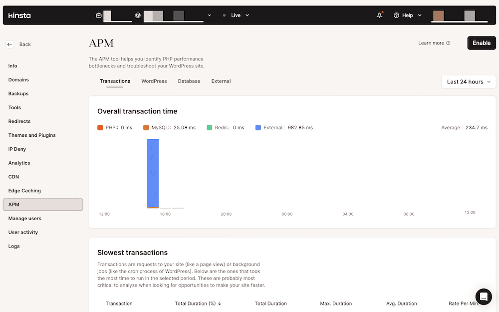 The Kinsta APM dashboard featuring the 'Overall transaction time' chart, which breaks down the response time into PHP, MySQL, and external services over a specified period. The section below lists 'Slowest transactions' with metrics like total duration and average duration.