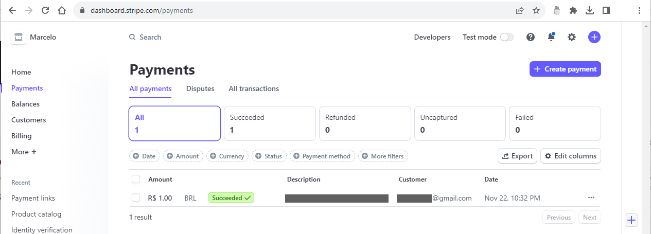 List of payments via stripe, including the amount, currency, success, description, customer, and date