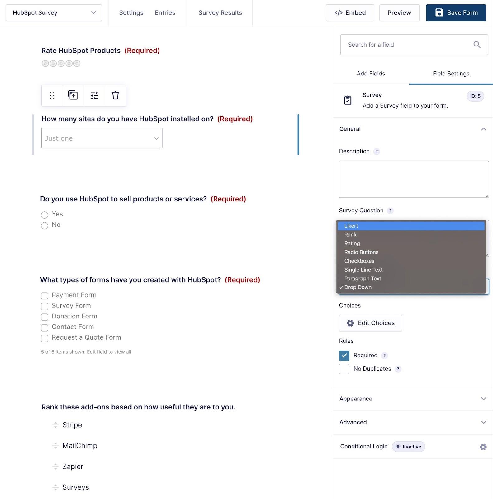 The Gravity Forms survey builder