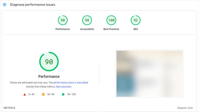 Page Speed Insights score for LiteSpeed Cache