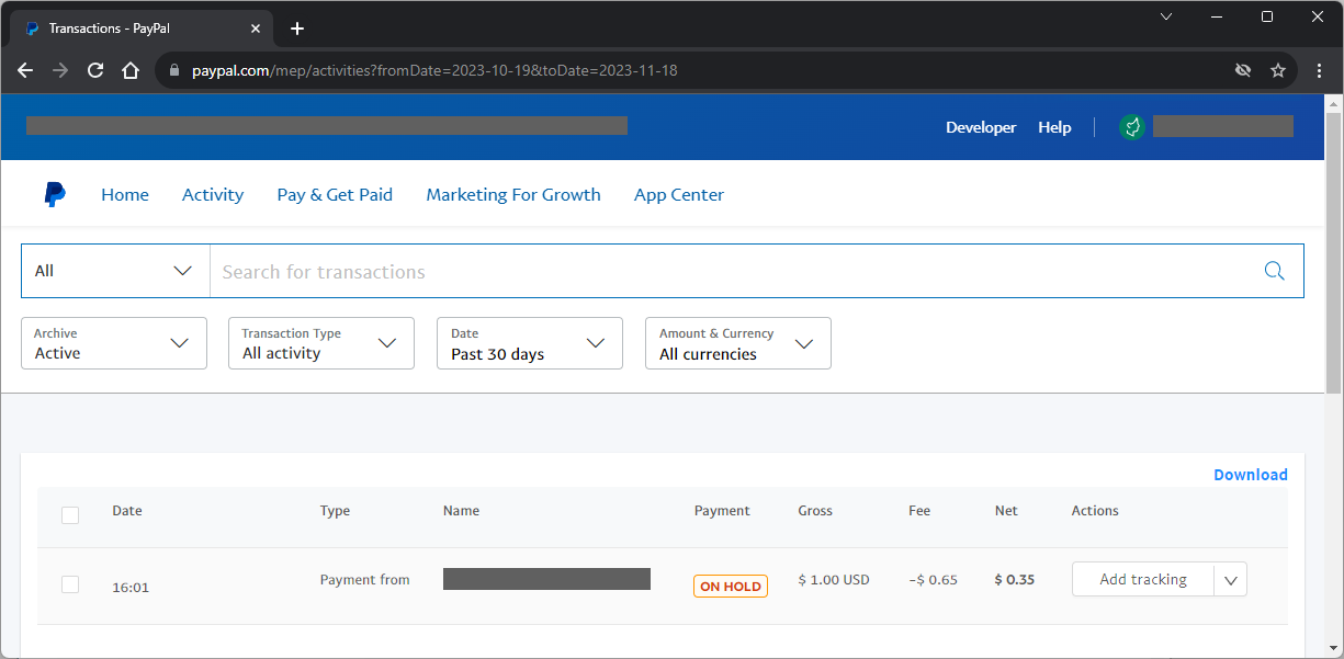 Details of the transactions on PayPal including the date, type, name, payment, gross amount, fee, net amount, and a menu for actions like add tracking