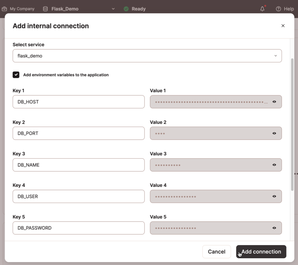 Screenshot of the dialog for adding environment variables for database credentials.