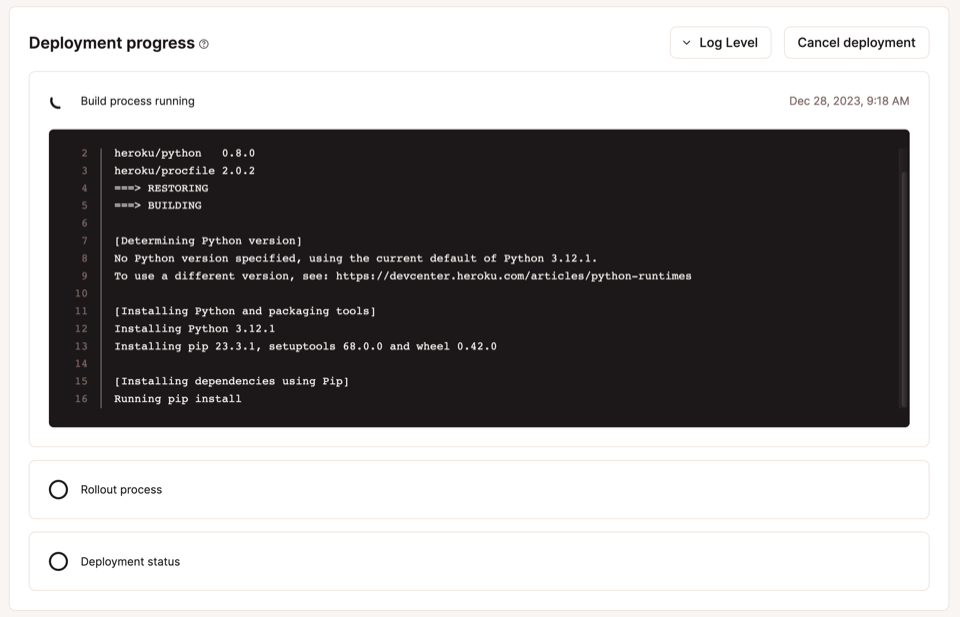 Screenshot of the log entries for a Python Flask app deployment.