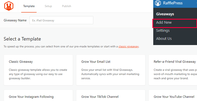 RafflePress add new giveaway