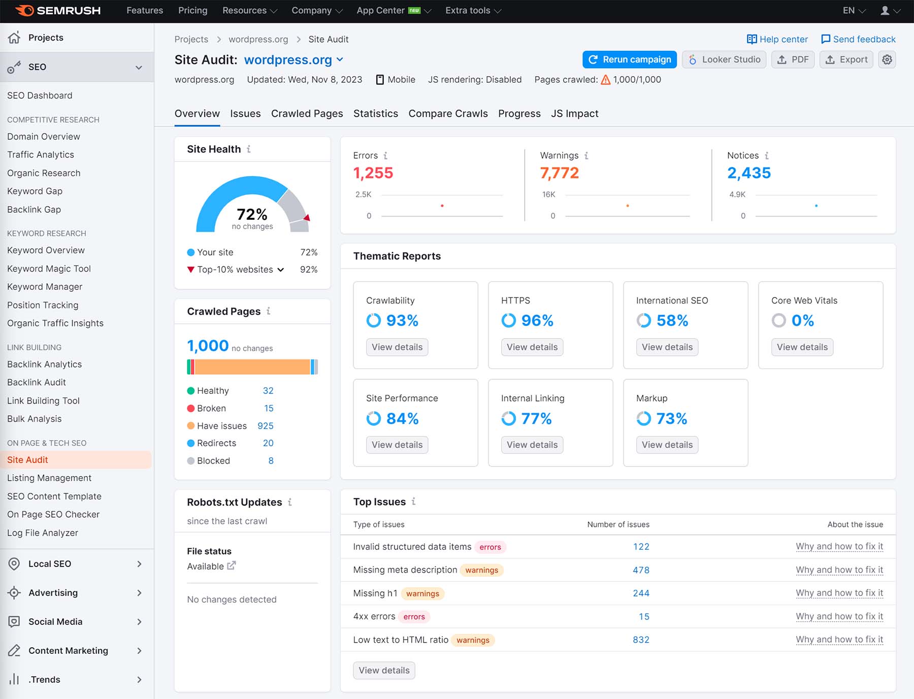 screenshot of semrush's site audit tool