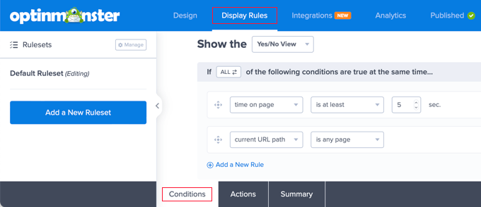 OptinMonster Display Settings Conditions