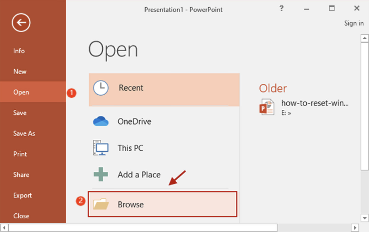 Navigating to Open and Repair feature in PowerPoint