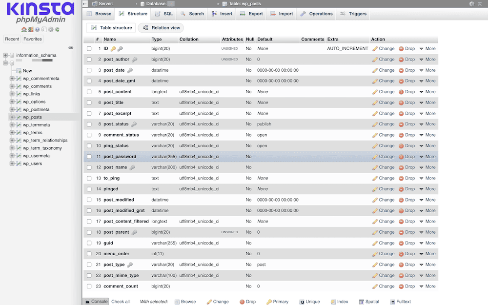 The 'Structure' tab in phpMyAdmin for the 'wp_posts' table of a WordPress database. It displays a list of columns with types, collation, attributes, and actions available like change and drop.