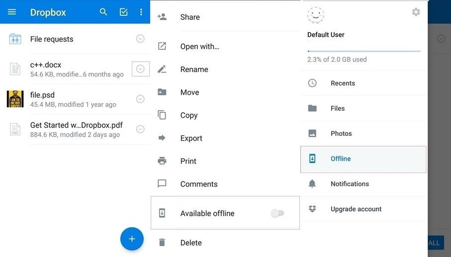 Accessing offline files in Dropbox on mobile