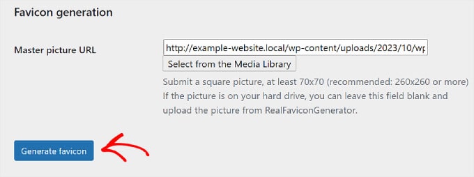 Clicking the Generate favicon button on the Favicon by RealFaviconGenerator plugin page