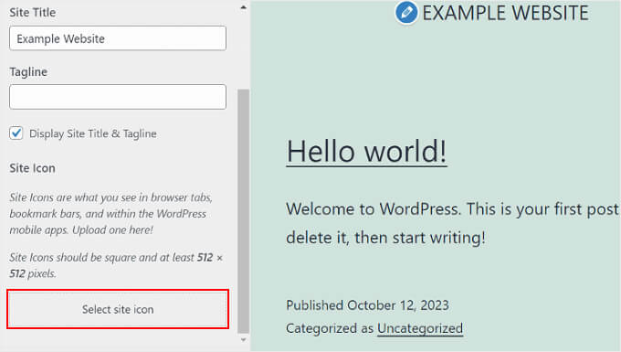 Choosing the 'Select site icon' option inside the Site Identity tab of the Theme Customizer