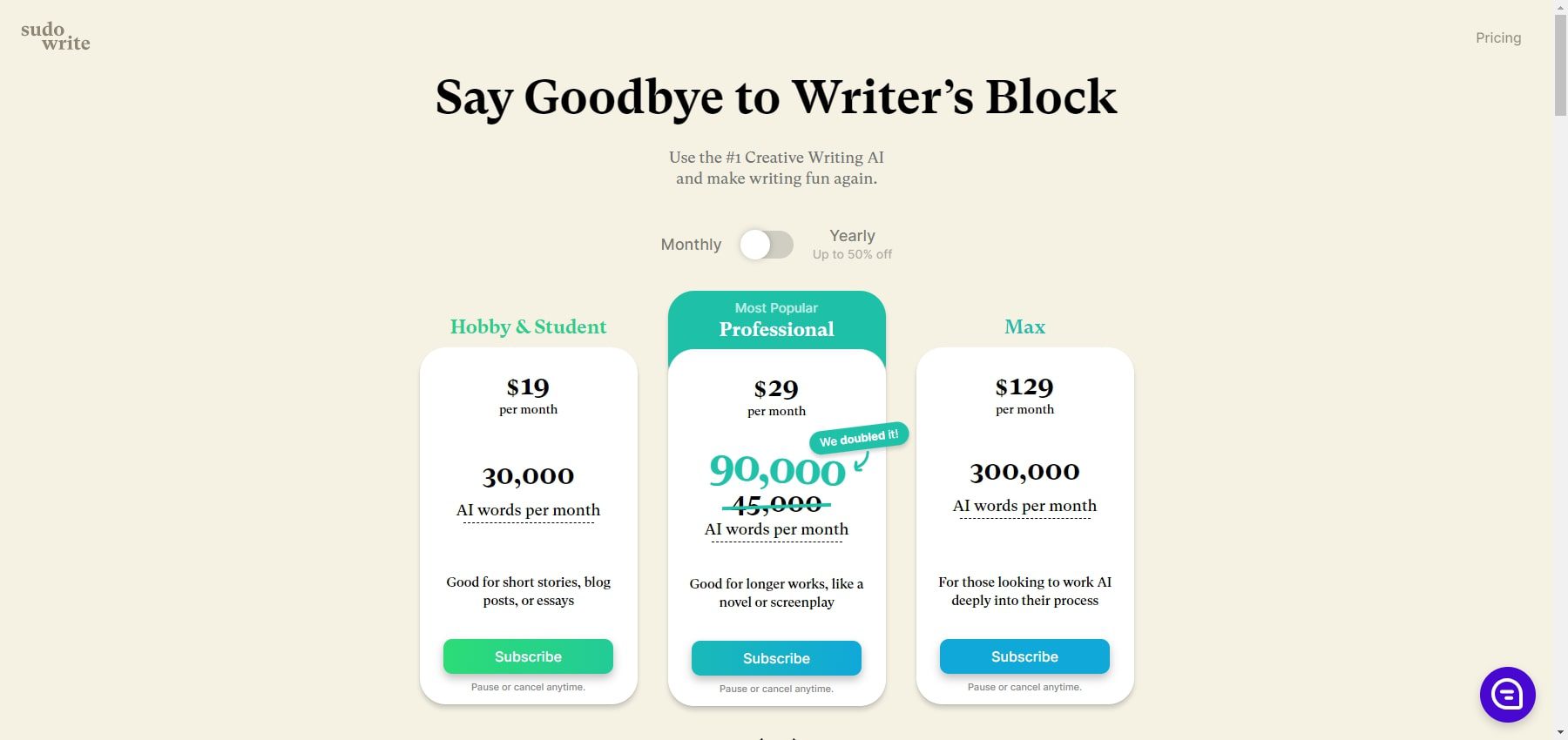 sudowrite pricing