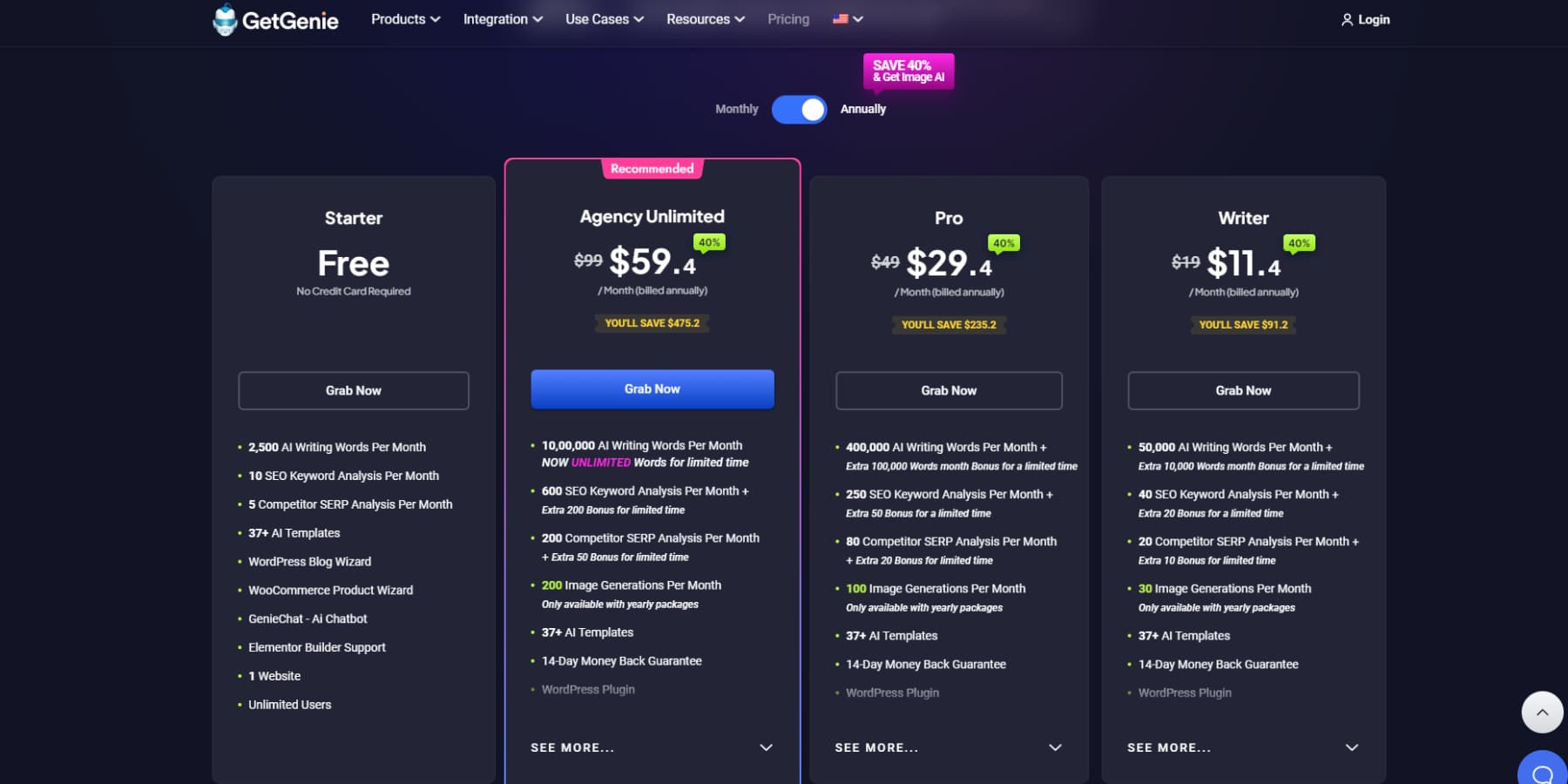 A screenshot of GetGenie AI's pricing