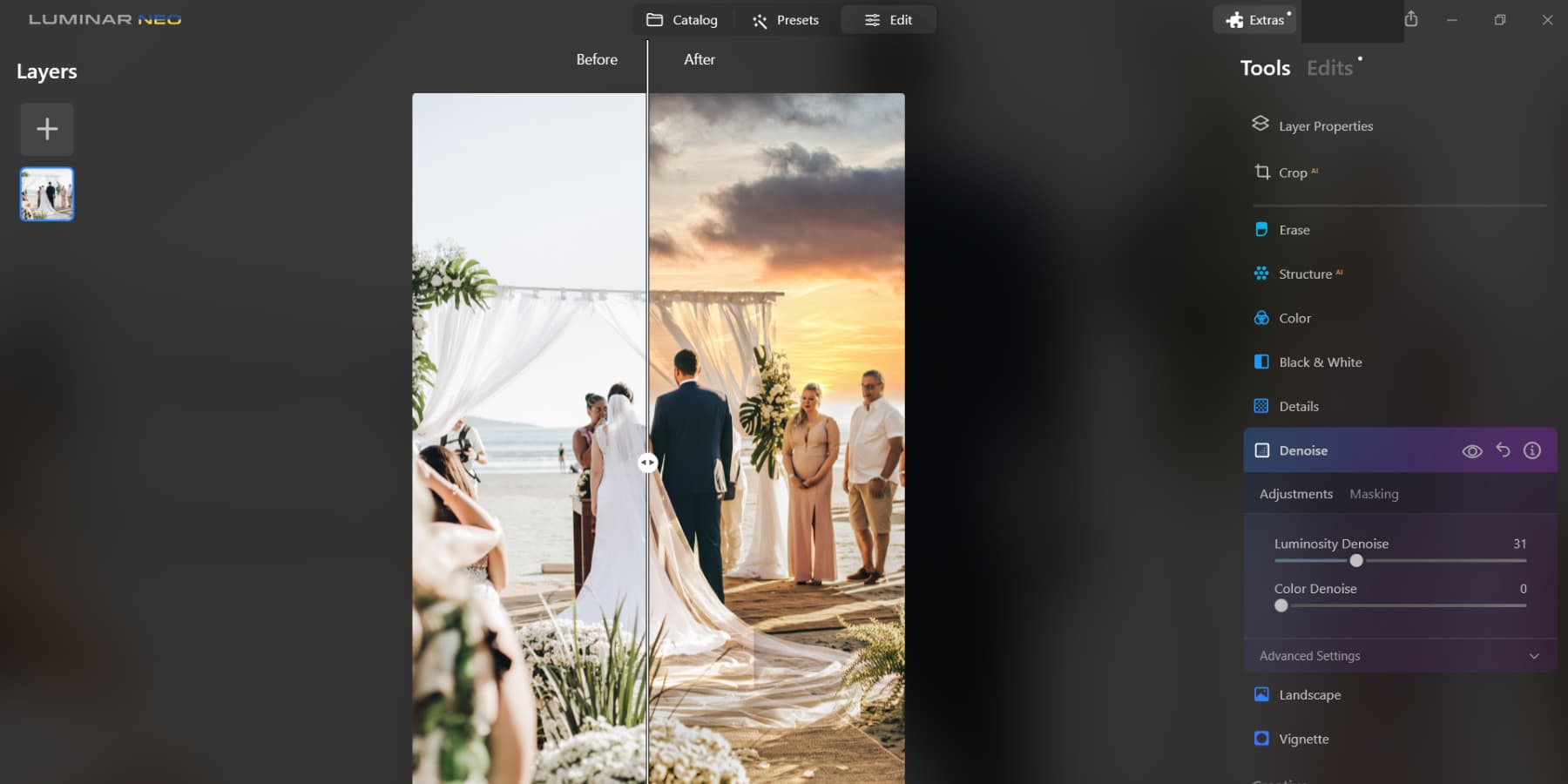 A screenshot of Luminar Neo's changing details about a wedding photo