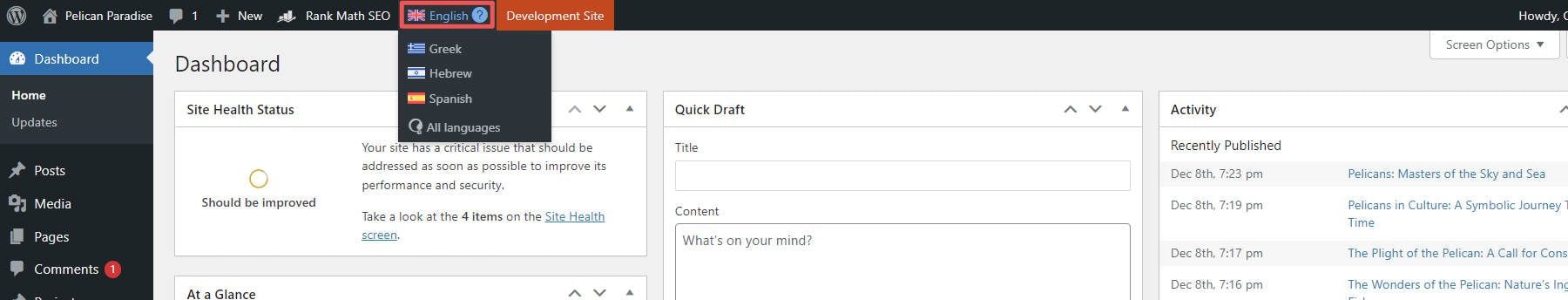 WordPress Admin Dashboard Translations