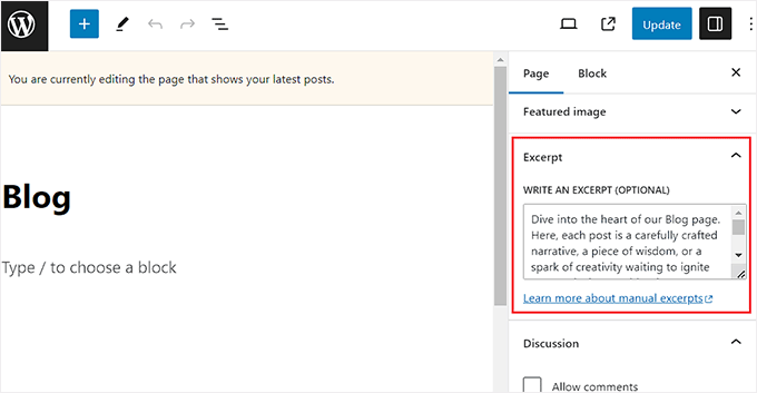 Add page excerpts in the Excerpts tab in the block panel