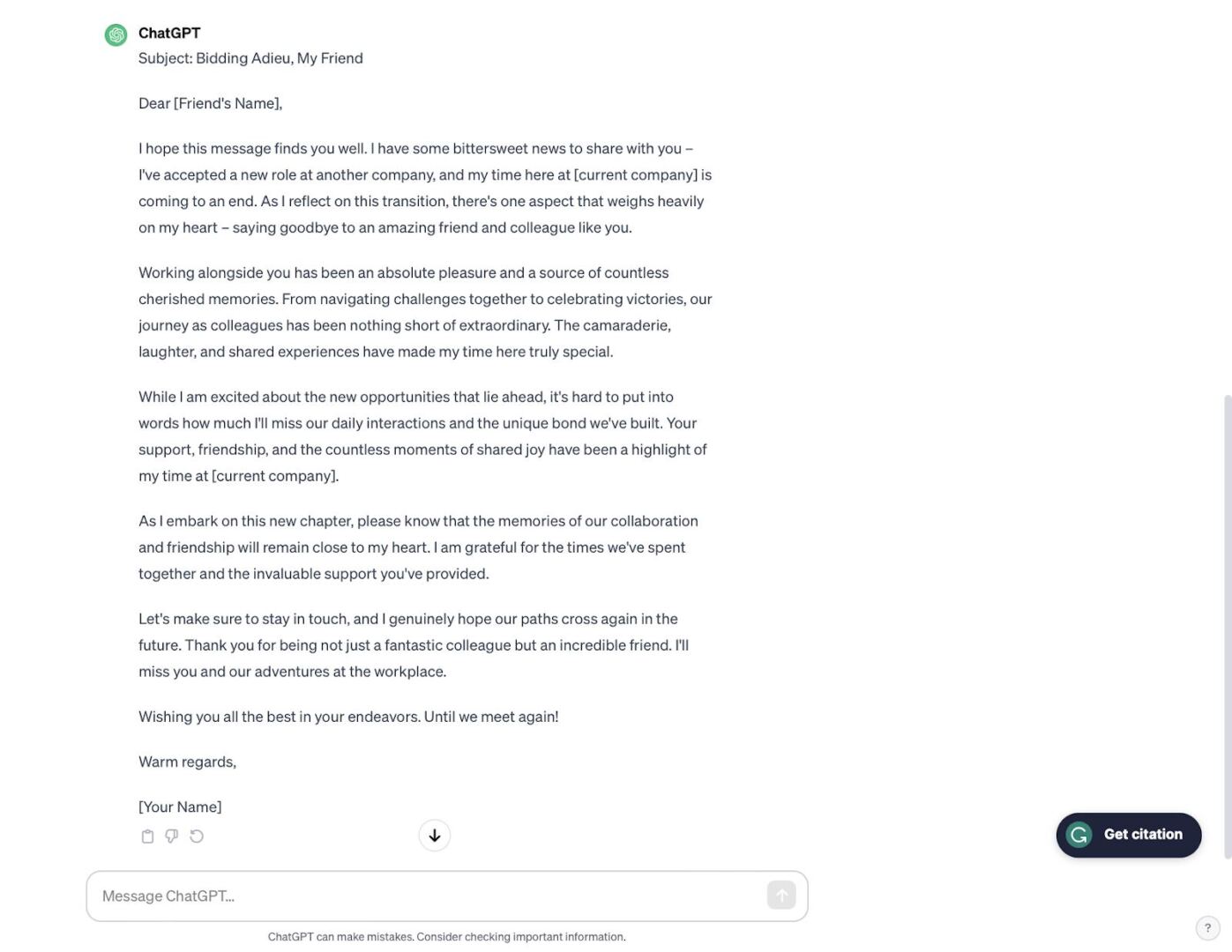farewell email example from Chat GPT