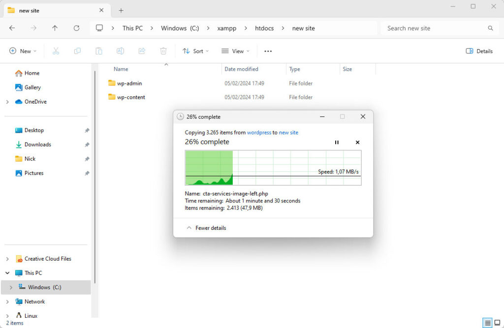 copy wordpress files to local xampp directory