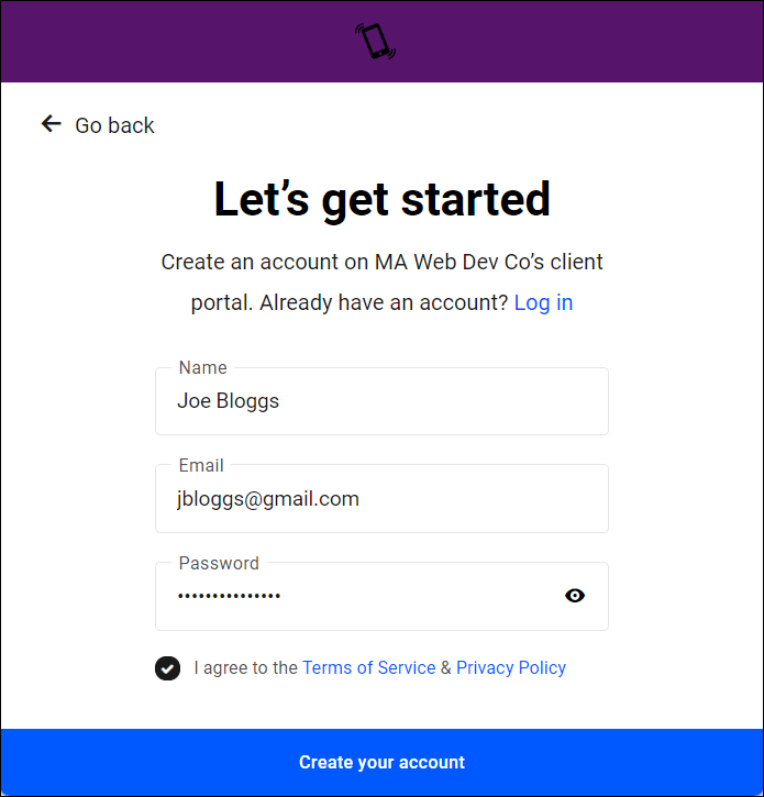 Create account screen