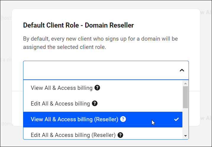 Domain Reseller settings - Default client role options.