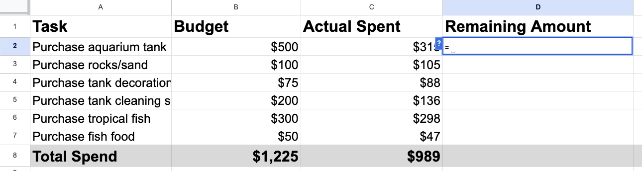 subtract in excel, step 1