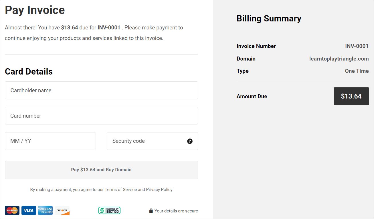 Domain registration checkout screen.