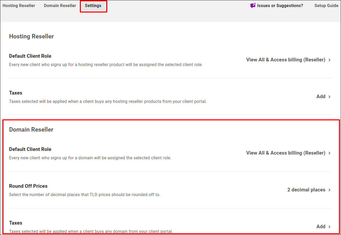 Domain Reseller Settings