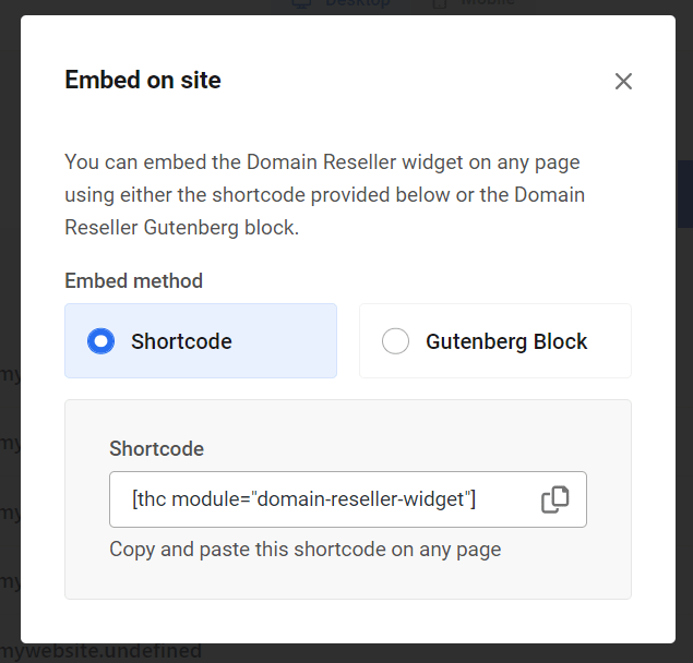 Embed domain widget modal