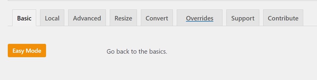 Shows tabs for settings in the following groups: local, advanced, resize, convert, overrides, support, and contribute.