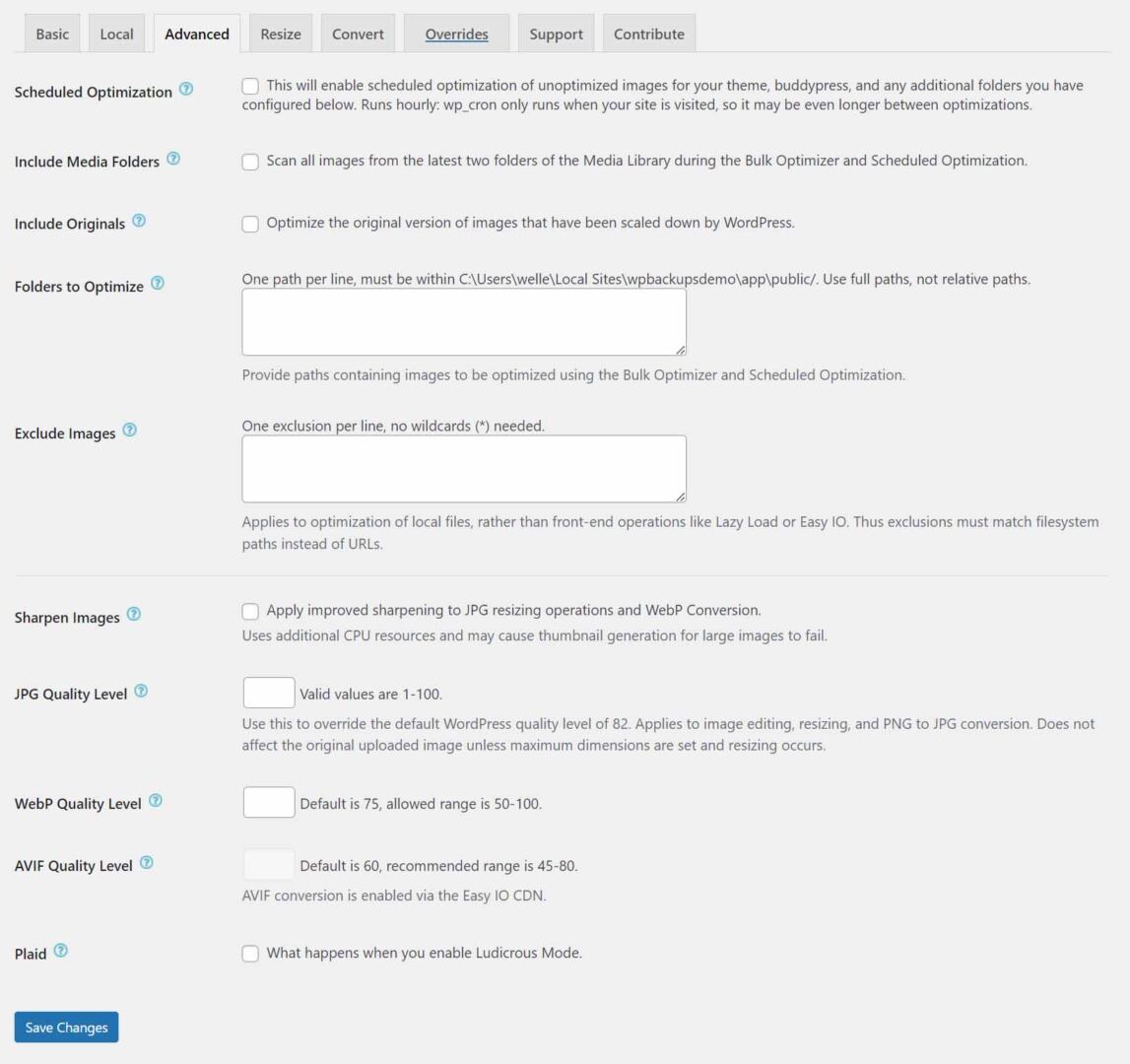 ewww image optimizer advanced settings