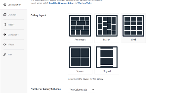 Go through the gallery configuration settings