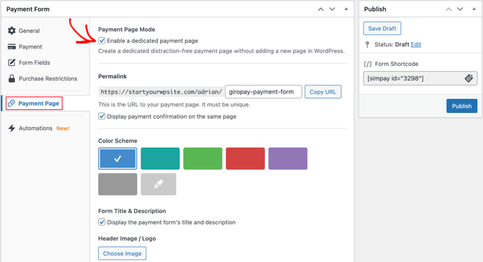 Checking the Payment Page Mode Box in WP Simple Pay