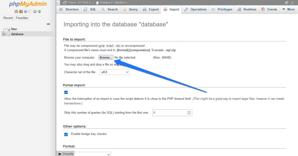 import database into phpmyadmin