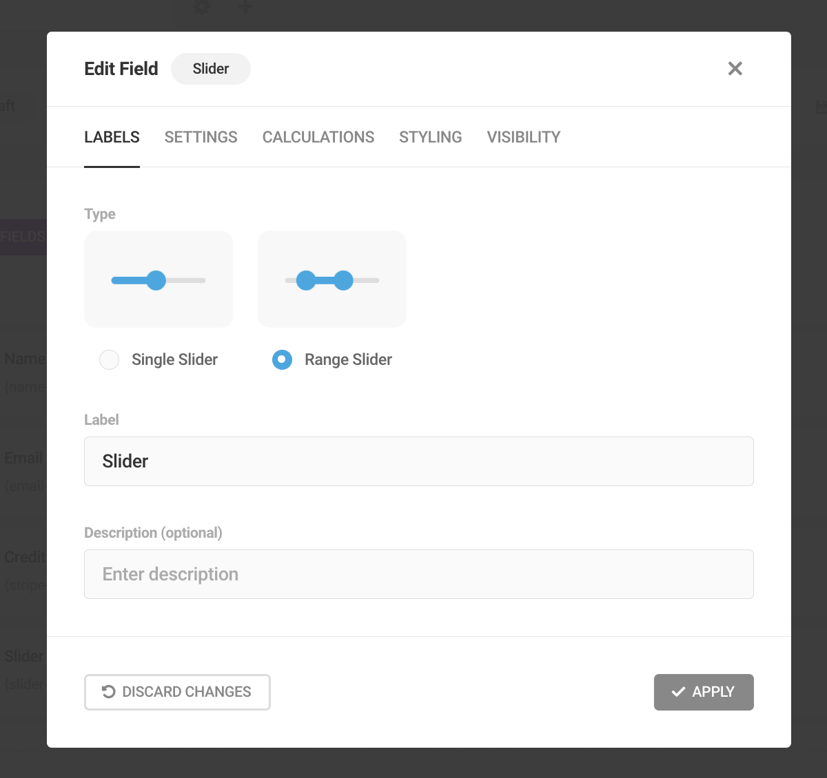 A screen showing how you can define and label your slider.