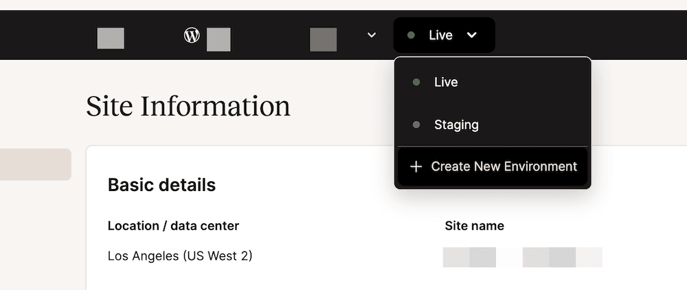 Close-up of the MyKinsta dashboard's top toolbar, showing a toggle between the live and staging environments with an option to create a new environment.