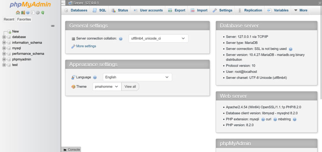 xampp phpmyadmin database management tool