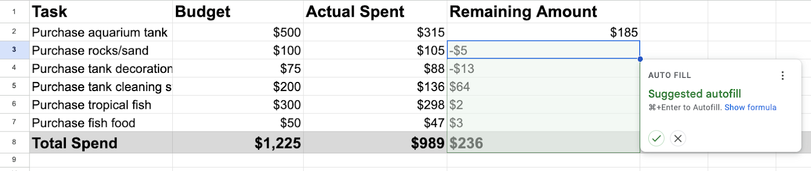 subtract in excel, column