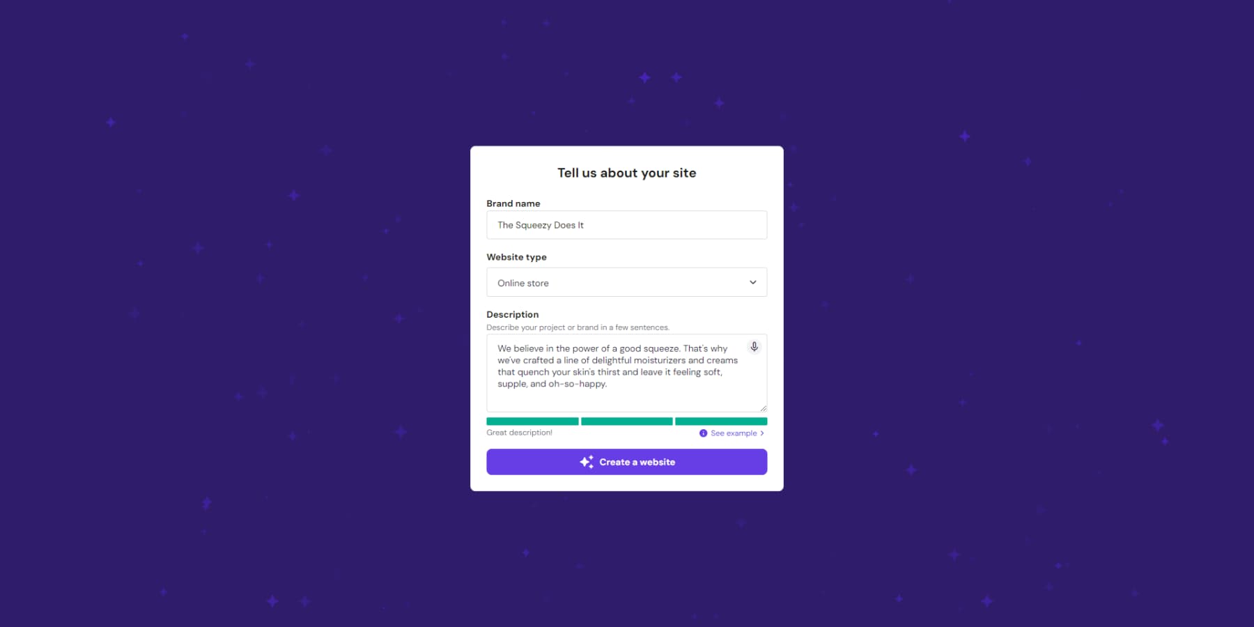 A screenshot of Hostinger's AI Website builder's questionnaire