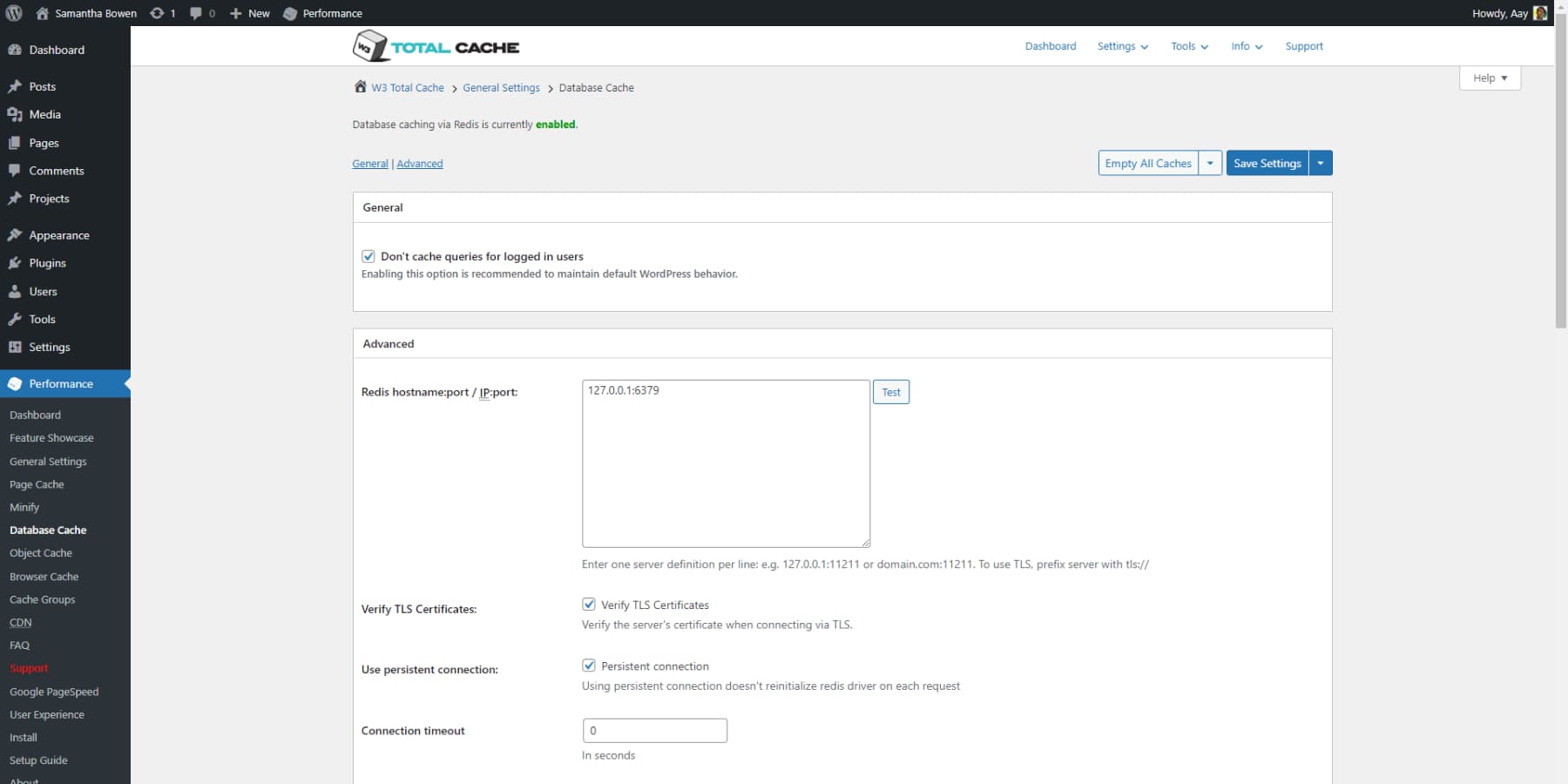 A screenshot of W3TC's database cache options