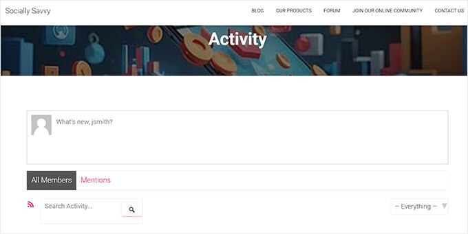 Activity page preview on social media website