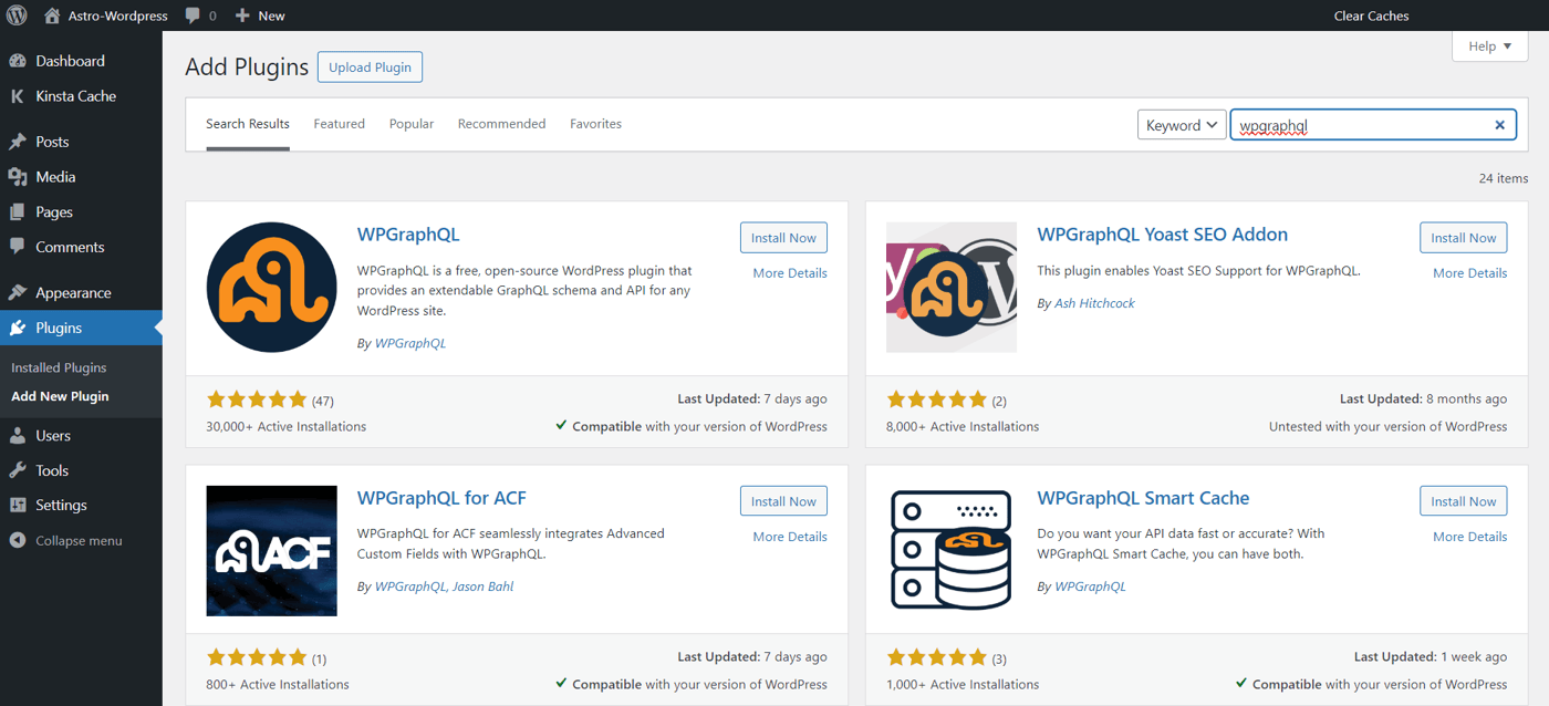 Add Plugins page showing the WPGraphQL plugin and others with an Install New button beside them