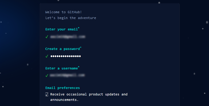 Enter details to create a GitHub account